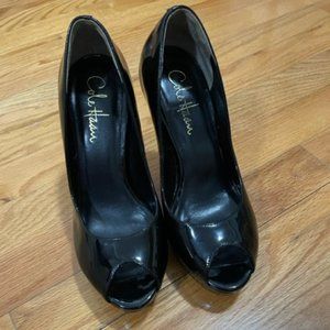 Cole Haan Nike Air Platform Heeled Peep Toe Pump BlackPatent Leather SZ 5.5